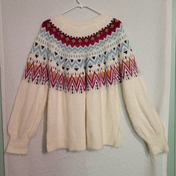 Time and Tru NWOT Fair Isle Fuzzy Ivory Gold Pink & Blue Sweater Size XXL - Picture 2 of 10